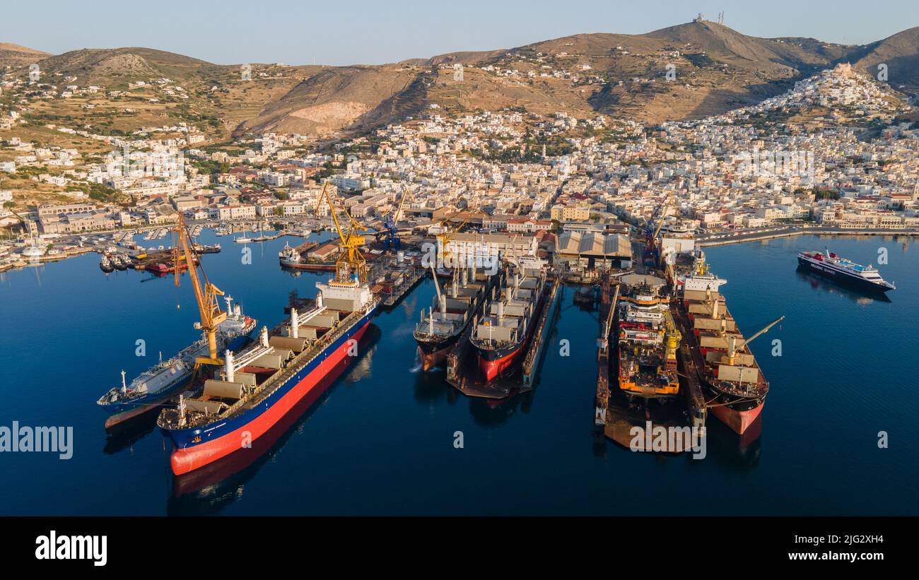 Neorion shipyard at the centre of Aegean sea,Ermoupoli,Syros,Greece Stock Photo