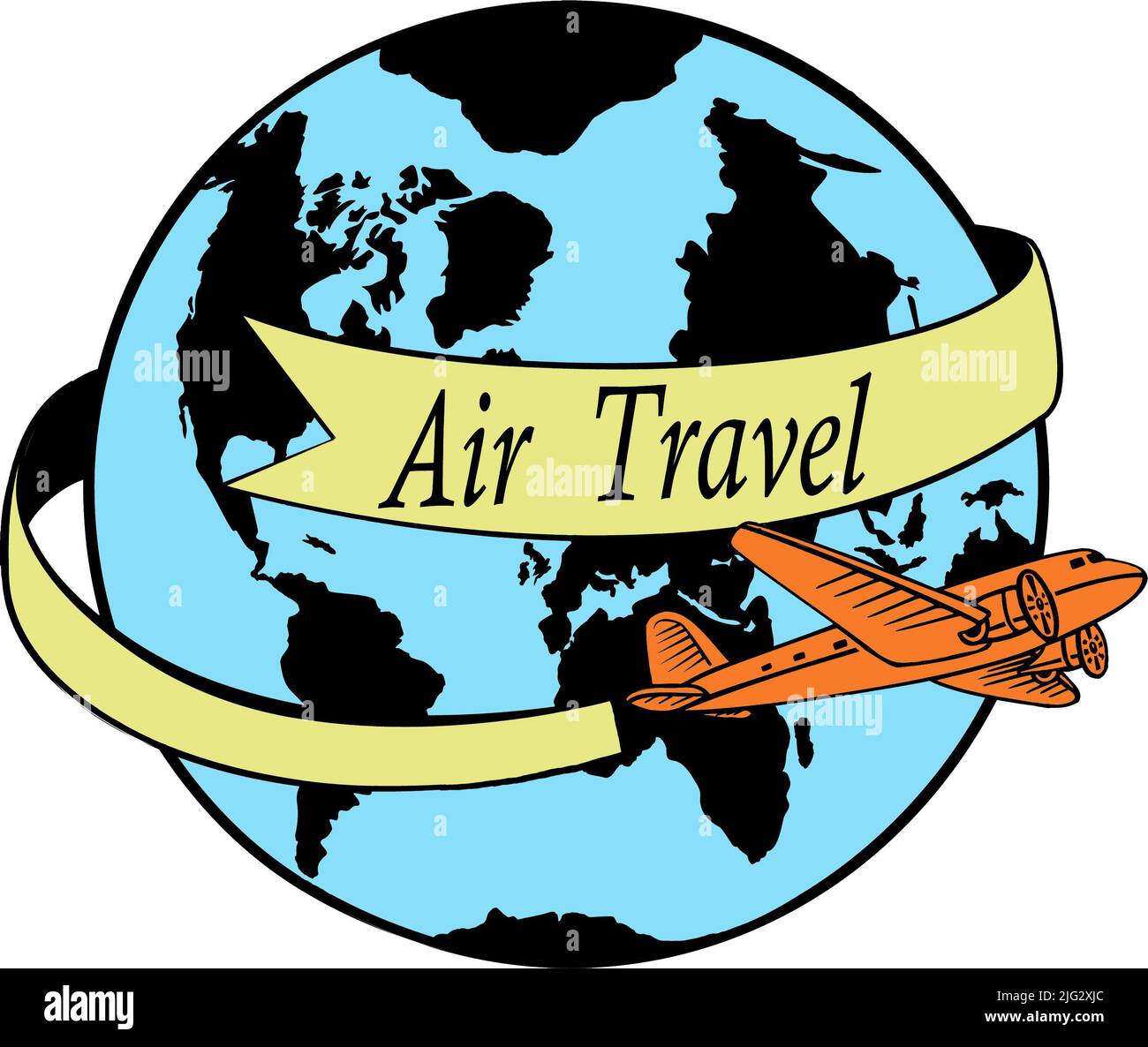A vintage propeller airplane flying around the world in a retro style illustration. Stock Photo