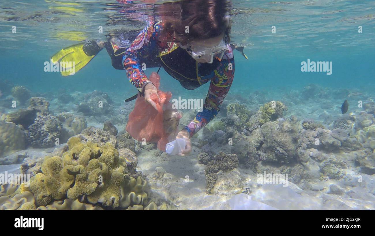 Woman in diving equipment swims and collects plastic debris underwater