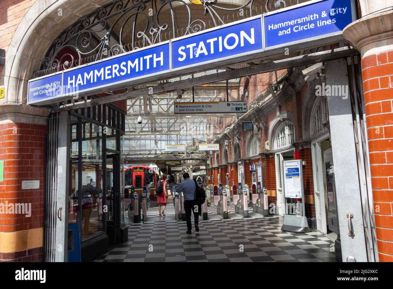 London- June 2022: Entrance to Hammersmith Station in West London servicing the Circle and the Hammersmith & City Line. Stock Photo