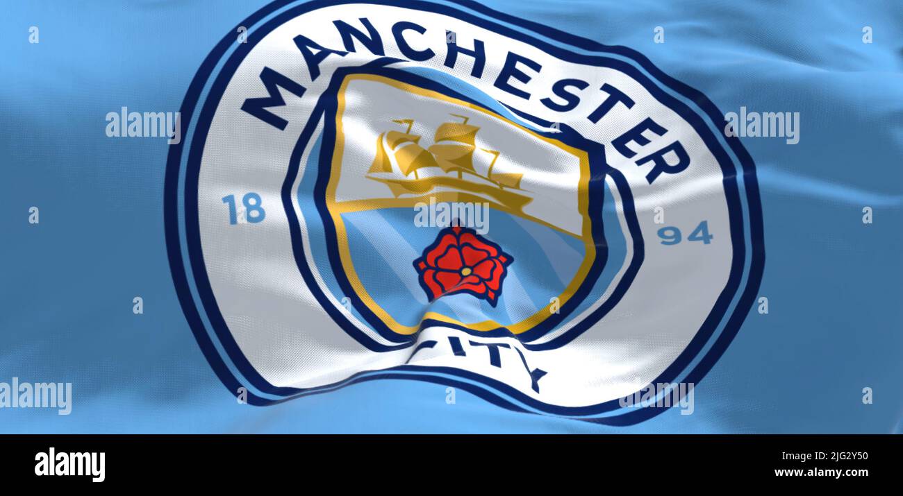 Manchester, UK, May 2022: Fabric background with the Manchester City Flag waving. Manchester F.C. is a professional football club based in Bradford, M Stock Photo
