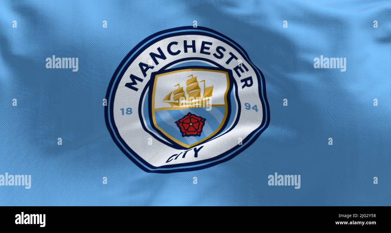 Manchester, UK, May 2022: Fabric background with the Manchester City Flag waving. Manchester F.C. is a professional football club based in Bradford, M Stock Photo