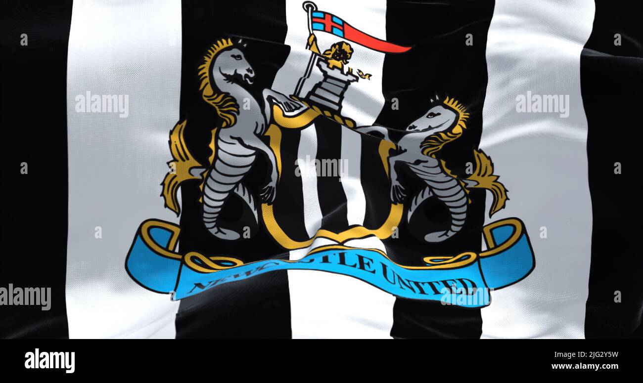Newcastle, UK, May 2022: Fabric background with the Newcastle United Flag waving. Newcastle United is an English professional football club Stock Photo