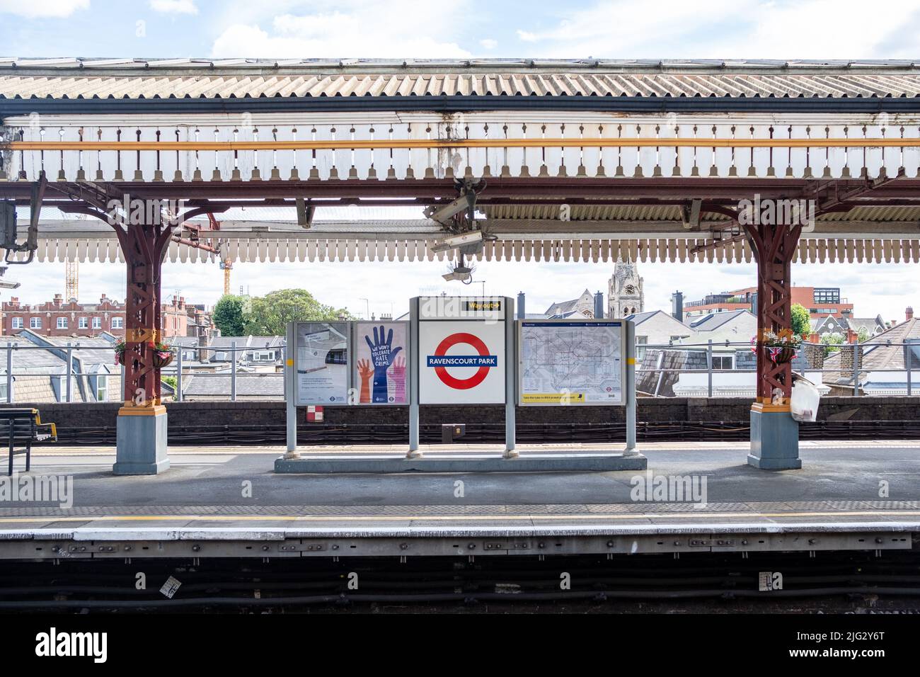 London- June 2022: Ravenscourt Park underground station sign Hammersmith, West London Stock Photo