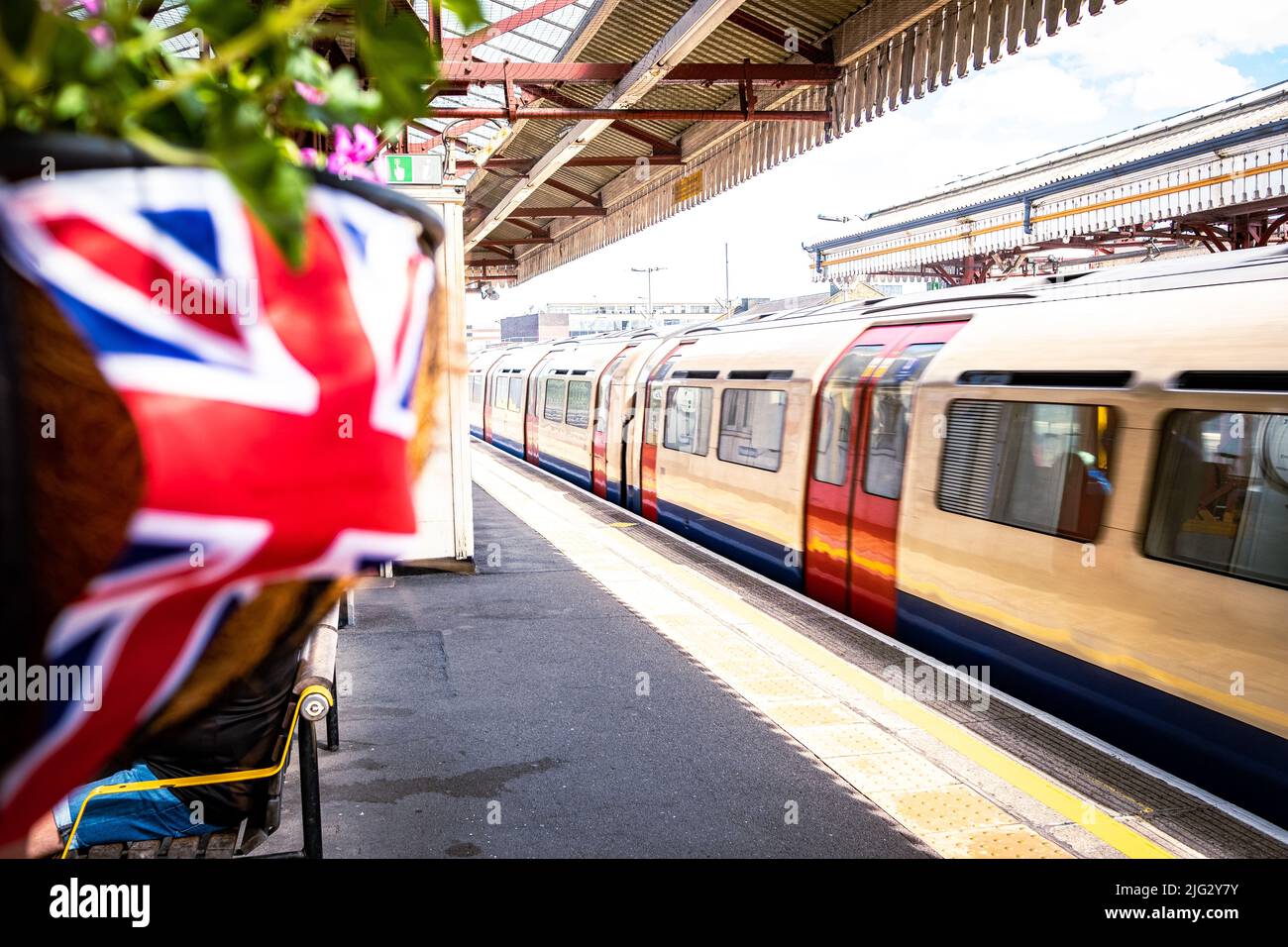 British Union flag and London Underground train Stock Photo