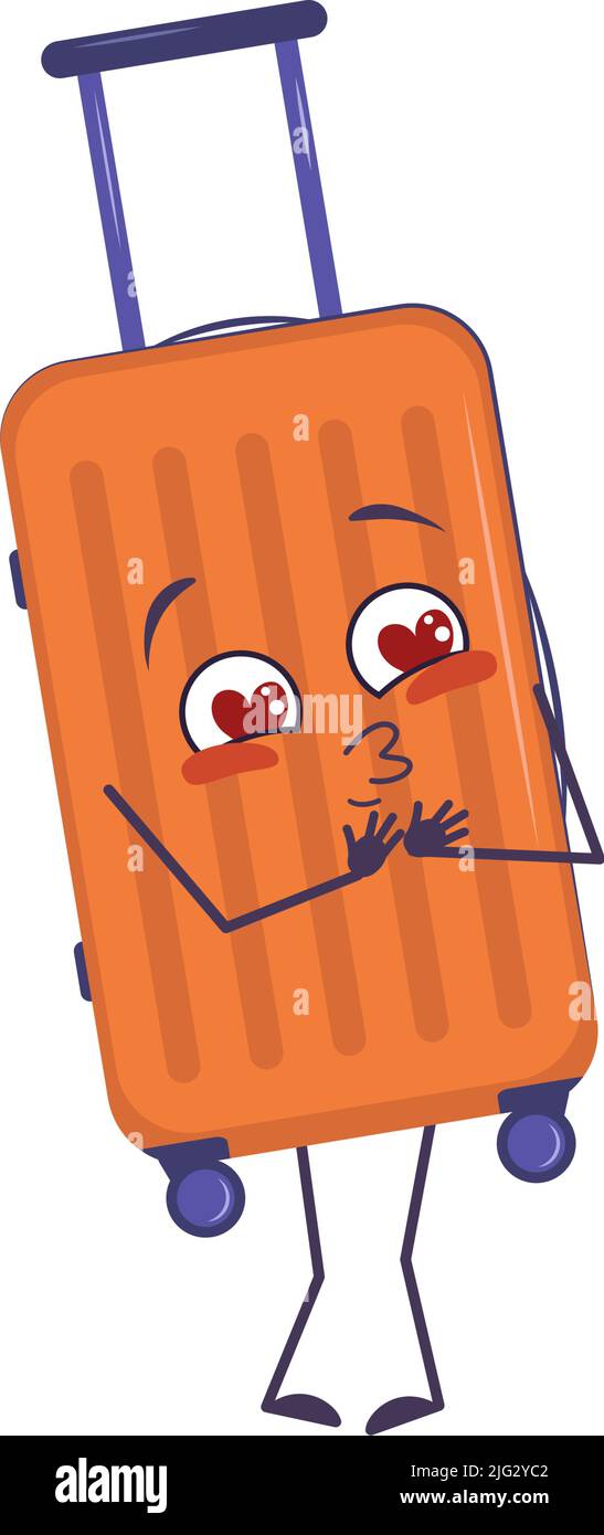 Cute character of vacation suitcase falls in love with eyes hearts, kiss face, arms and legs. The funny or smile emotions luggage. Vector flat illustration Stock Vector