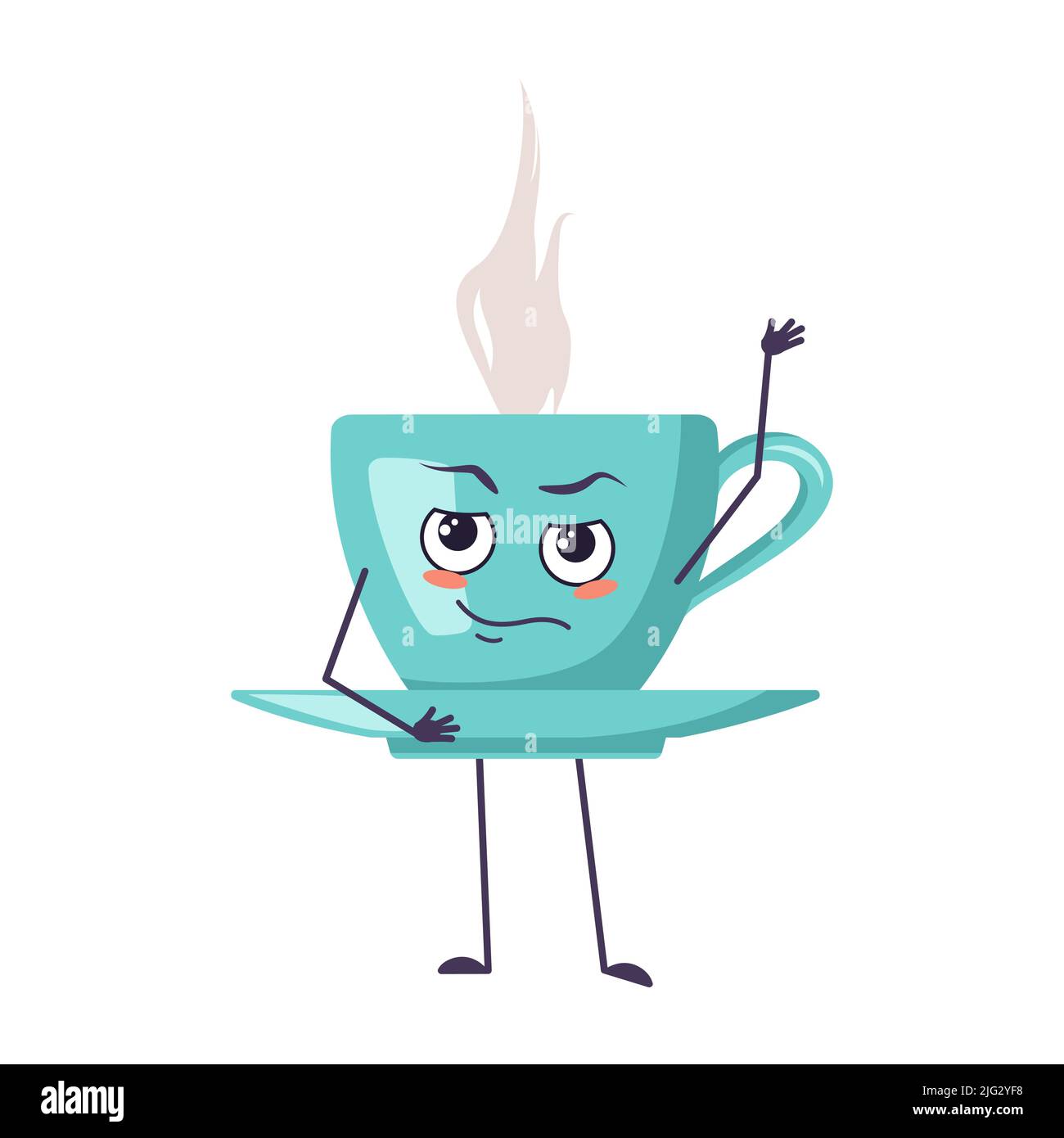 Cute cup of tea character with emotions, face, arms and legs. The funny or proud, domineering mug with a saucer for a cafe. Vector flat illustration Stock Vector