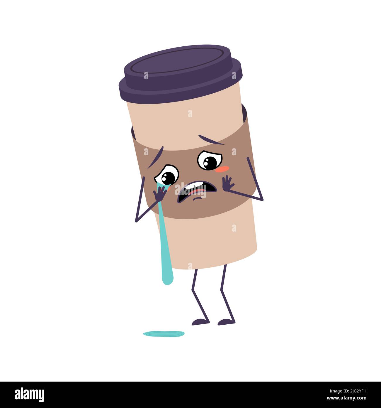 Cute cup of coffee character with crying and tears emotions, face, arms and legs. The funny or