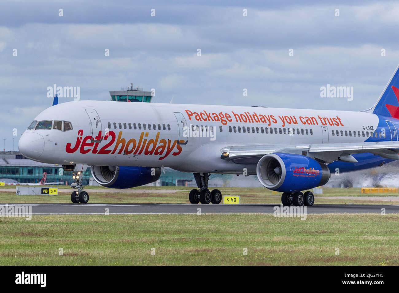 Jet2 Holidays Boeing 75723N REG GLSAK at Manchester airport with the