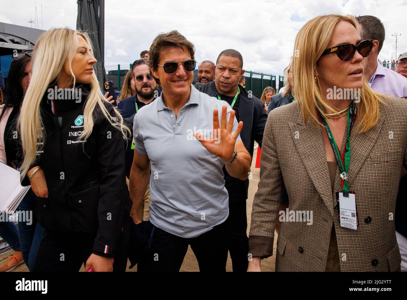 Tom Cruise walks through the paddock at Silverstone ahead of the 2022 F1 British Grand Prix Stock Photo
