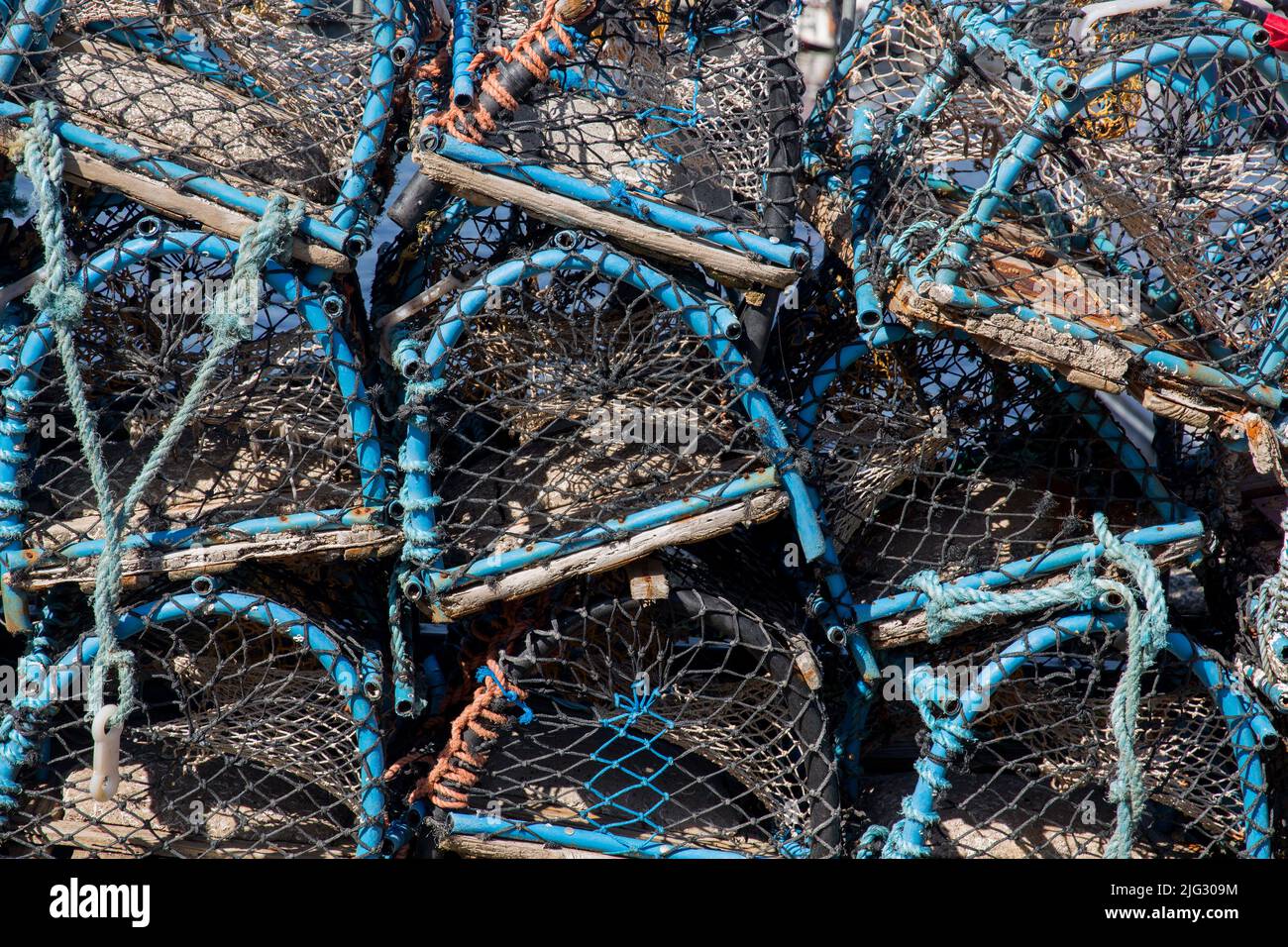 Lobster pots closeup view at a coastal harbour location Stock Photo