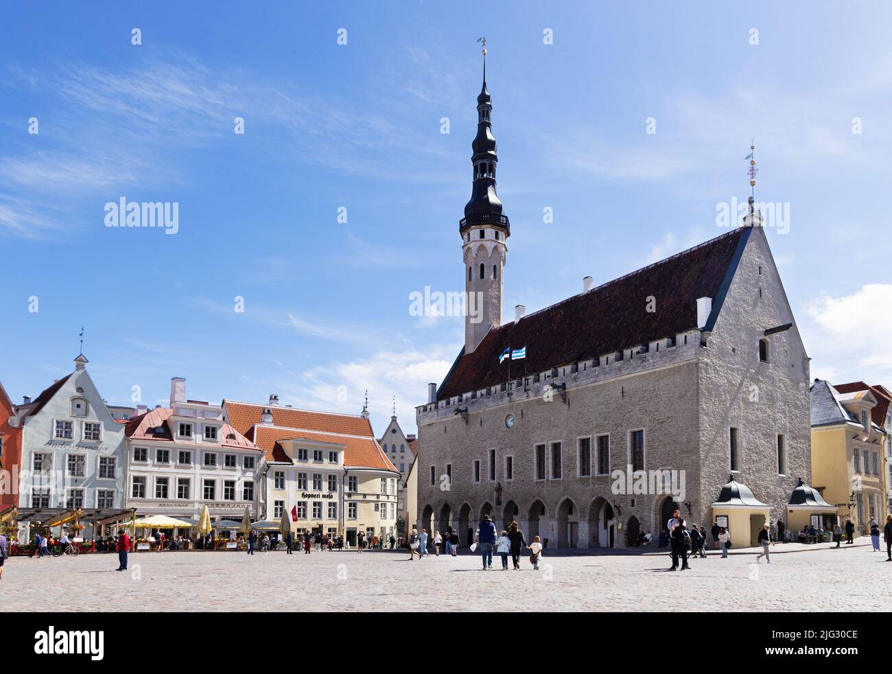 Tallinn Old Town Hall Square, and the Town Hall dating from the 1500s, now a popular tourist destination for travel and a city break, Tallinn Estonia Stock Photo