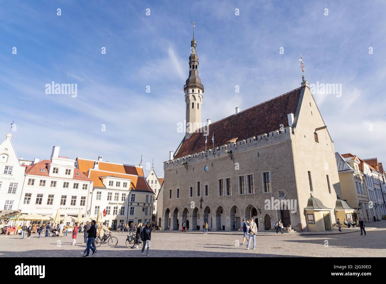 Estonia travel; Tallinn Old Town Square with Tallinn Town Hall, a 14th century gothic building in summer, Tallinn Estonia Europe Stock Photo