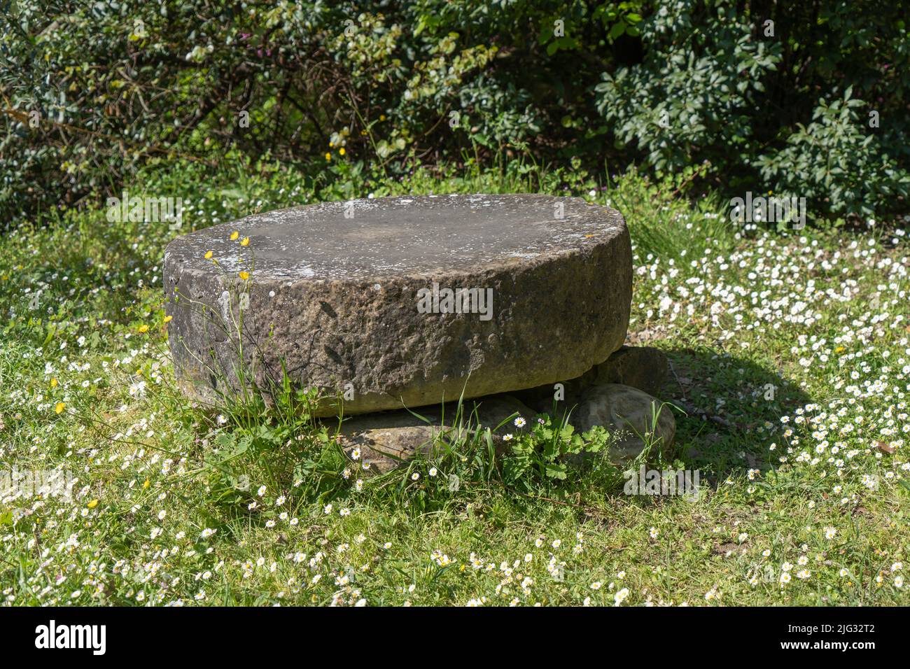 Old millstone of the mill, Hermitage of the White Friars or Caves, Cupramontana, Marche, Italy, Europe Stock Photo