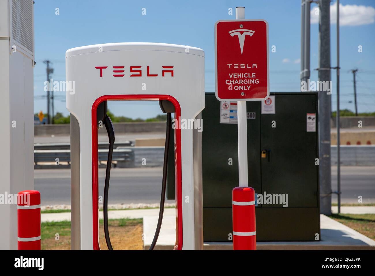 New Braunfels, USA. 06th July, 2022. Tesla charging stations located at
