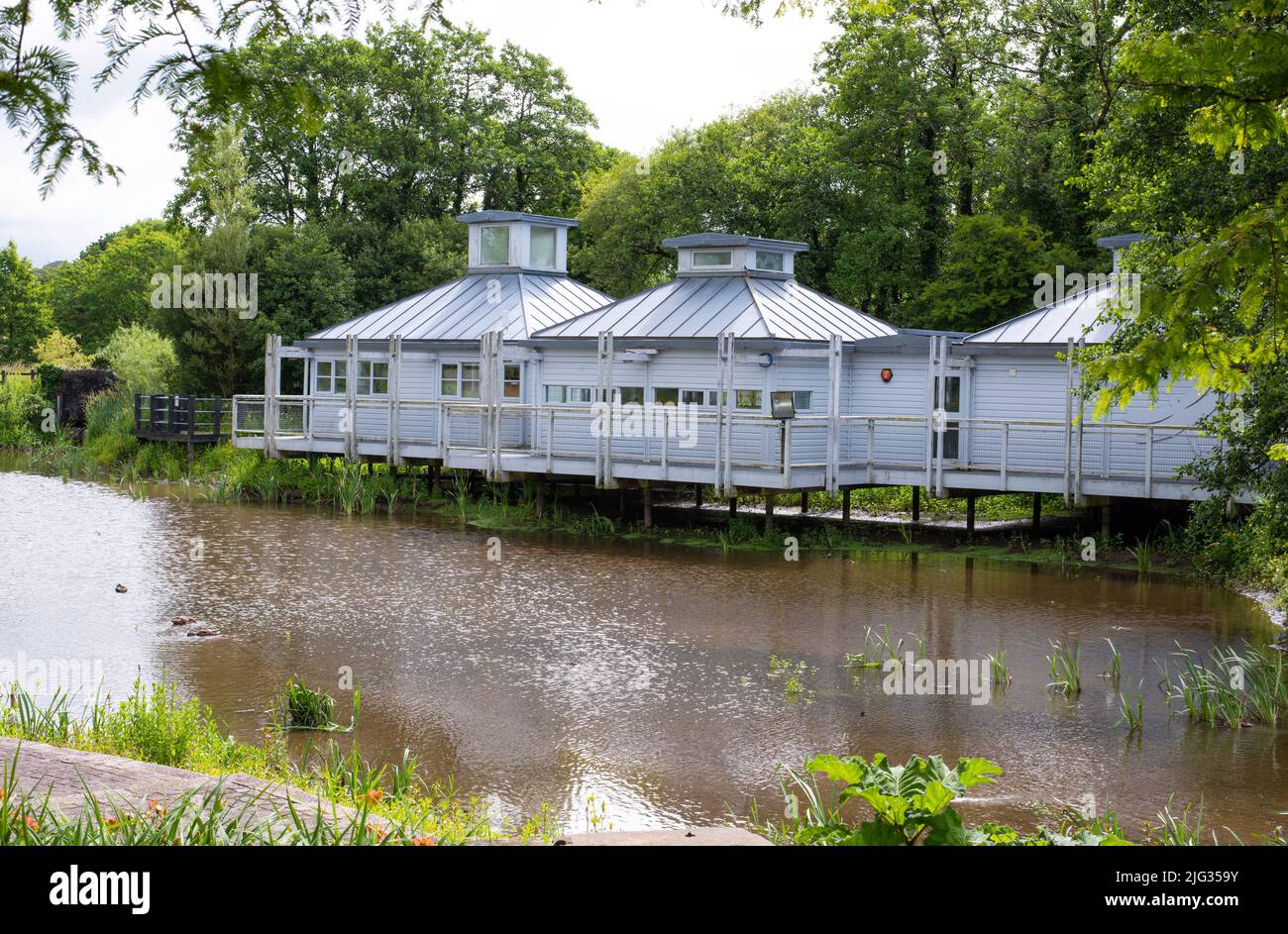 Photo taken at the National Botanic Garden Wales in July 2022 showing the aquatic plant house on stilts on the far side of the pond. Stock Photo