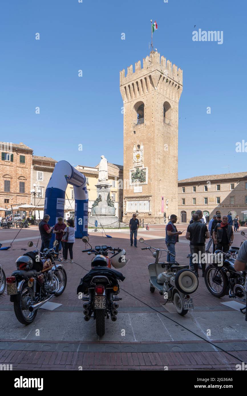 Piazza G.Leoppardi square, Old Town, Colle dell’Infinito Motorcycle Re-enactment, Recanati, Marche, Italy, Europe Stock Photo