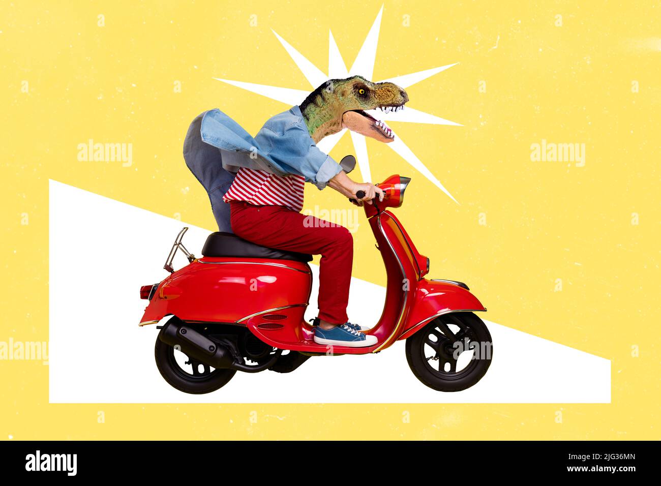 Profile side photo collage of weird absurd person with raptor face ride moped scooter move way fast speed isolated Stock Photo