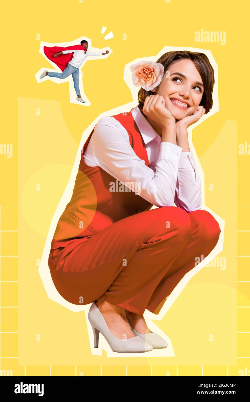 Vertical creative collage illustration of positive minded girl think mini flying brave superman isolated on yellow painted background Stock Photo