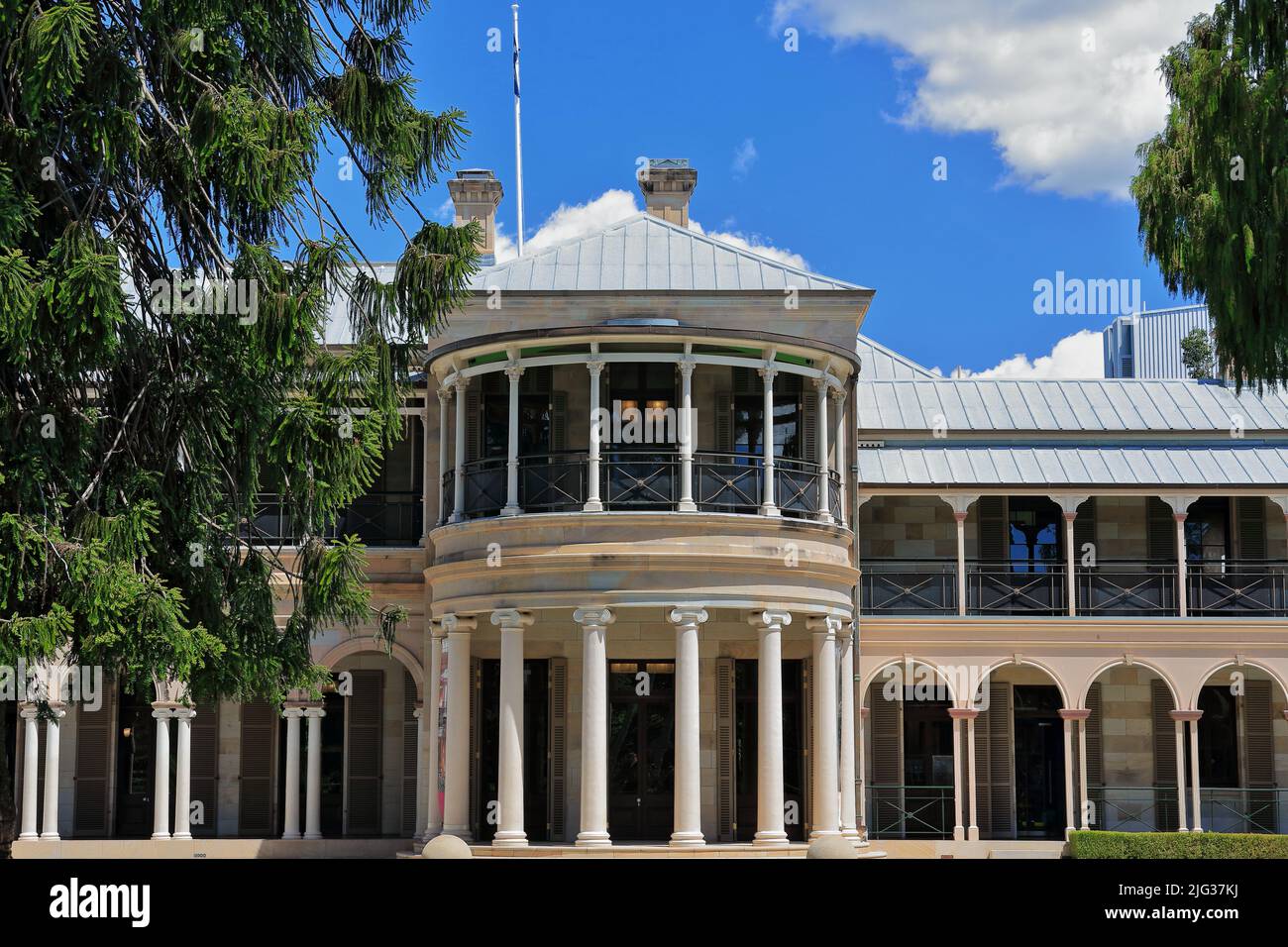 036 Main facade made of sandstoneof the Old Government House of Queensland. Brisbane-Australia. Stock Photo