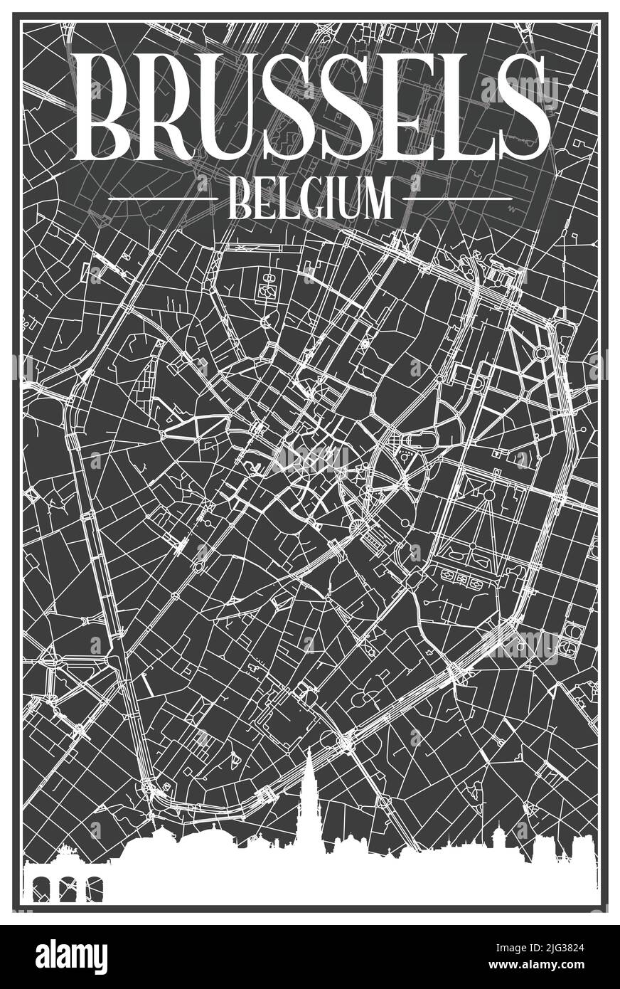 Dark printout city poster with panoramic skyline and hand-drawn streets network on dark gray background of the downtown BRUSSELS, BELGIUM Stock Vector