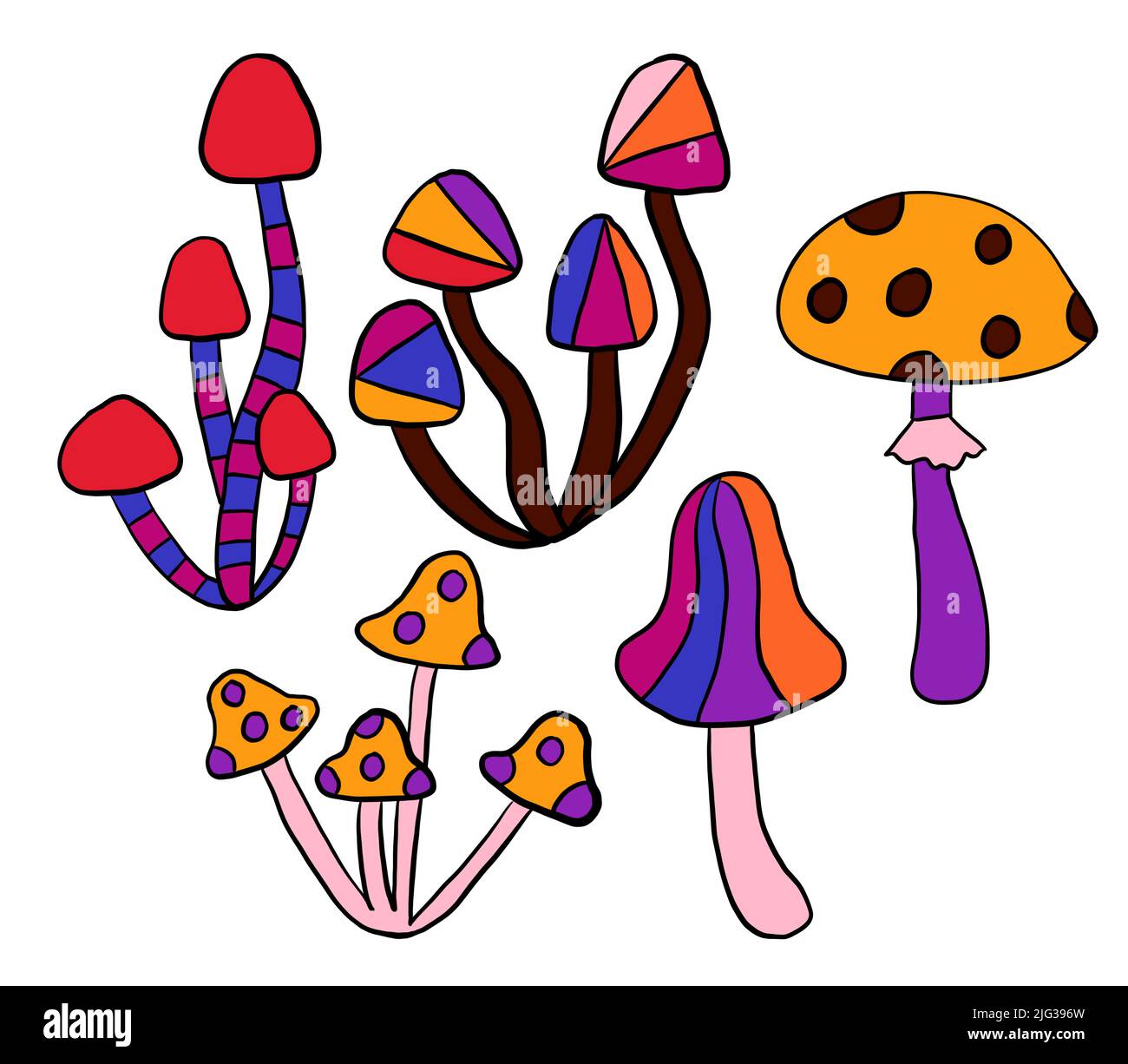 Hand drawn clipart illustration with hippie groovy mushrooms in orange purple blue red colors. Retro vintage 1960s 1970s style, trippy wild bright background with hallucination hypnotic elements Stock Photo