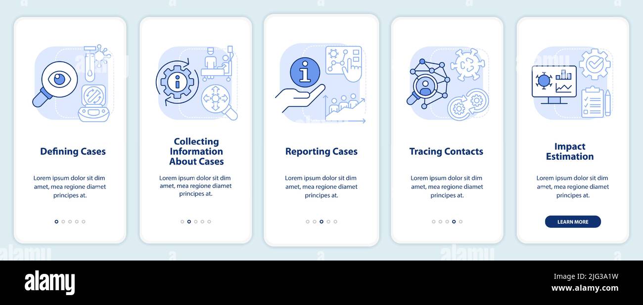 Disease monitoring steps light blue onboarding mobile app screen Stock ...