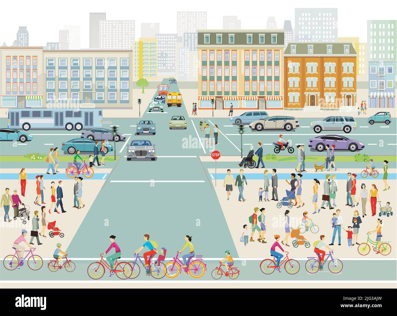 Big city with people and street traffic and in front of buildings ...