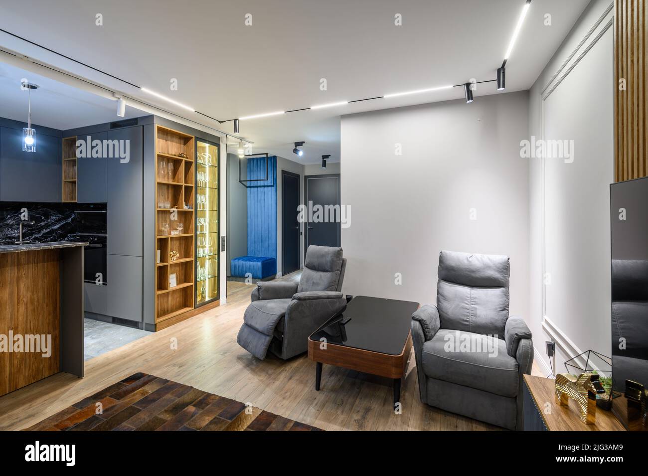 Luxury living room and kitchen in studio apartment Stock Photo - Alamy