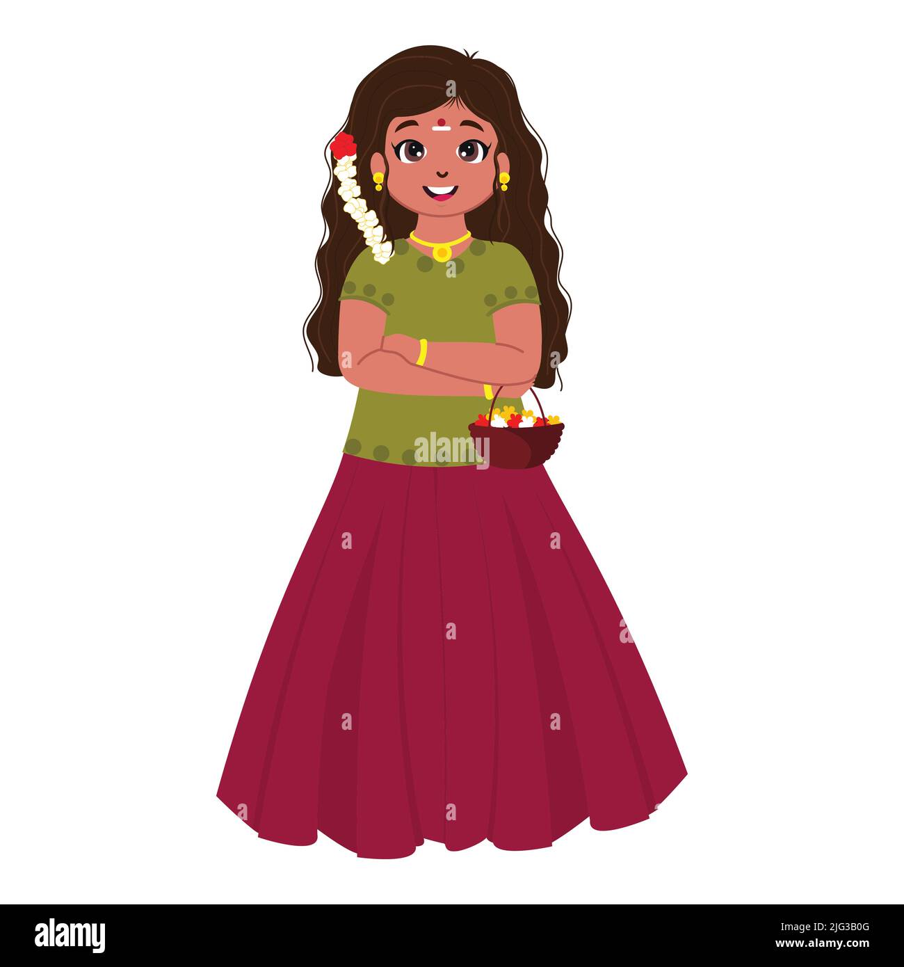 Happiness South Indian Girl Holding Basket Full Of Flowers On White Background. Stock Vector