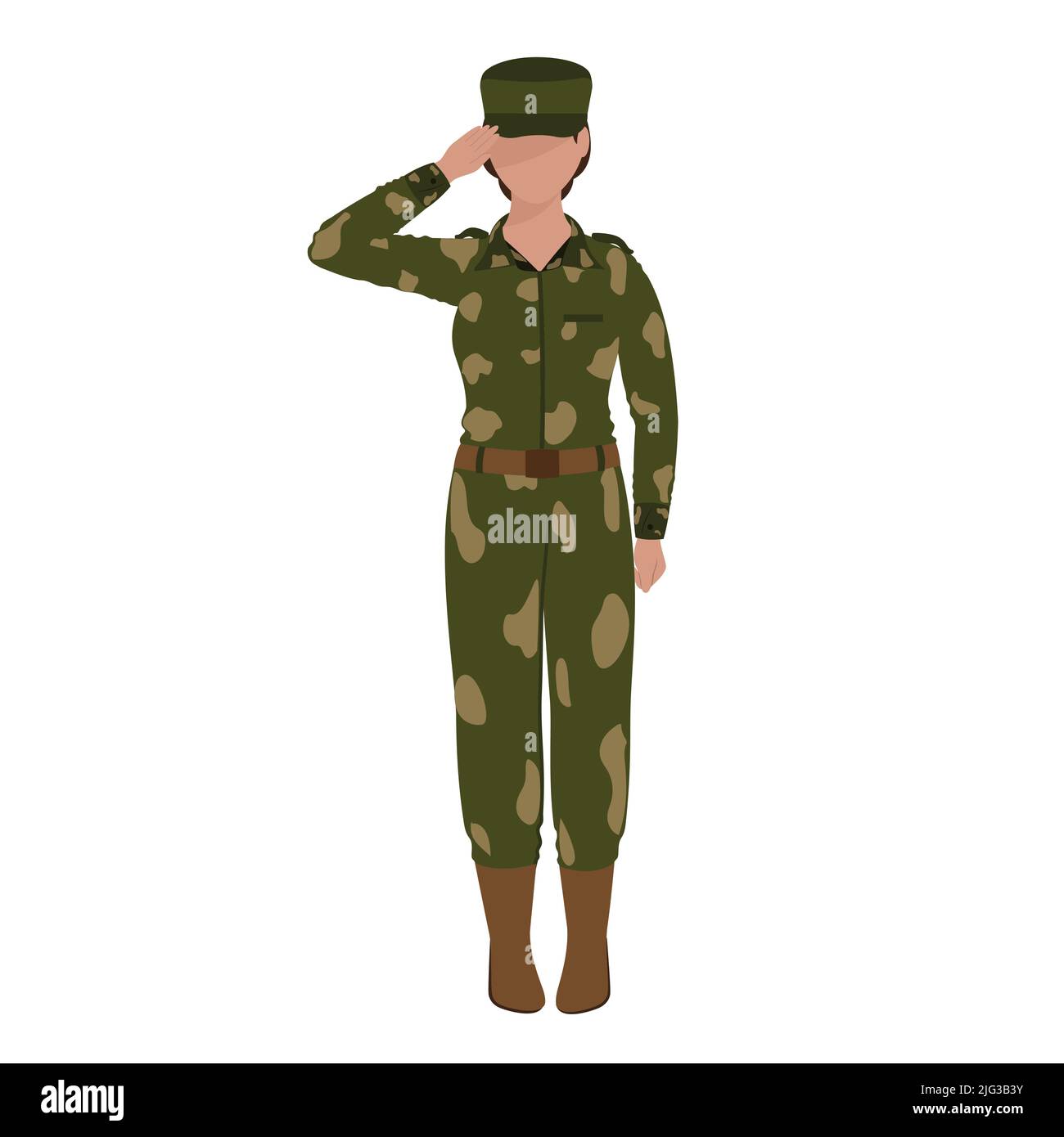 Faceless Army Female Officer Saluting In Standing Pose Against White Background. Stock Vector