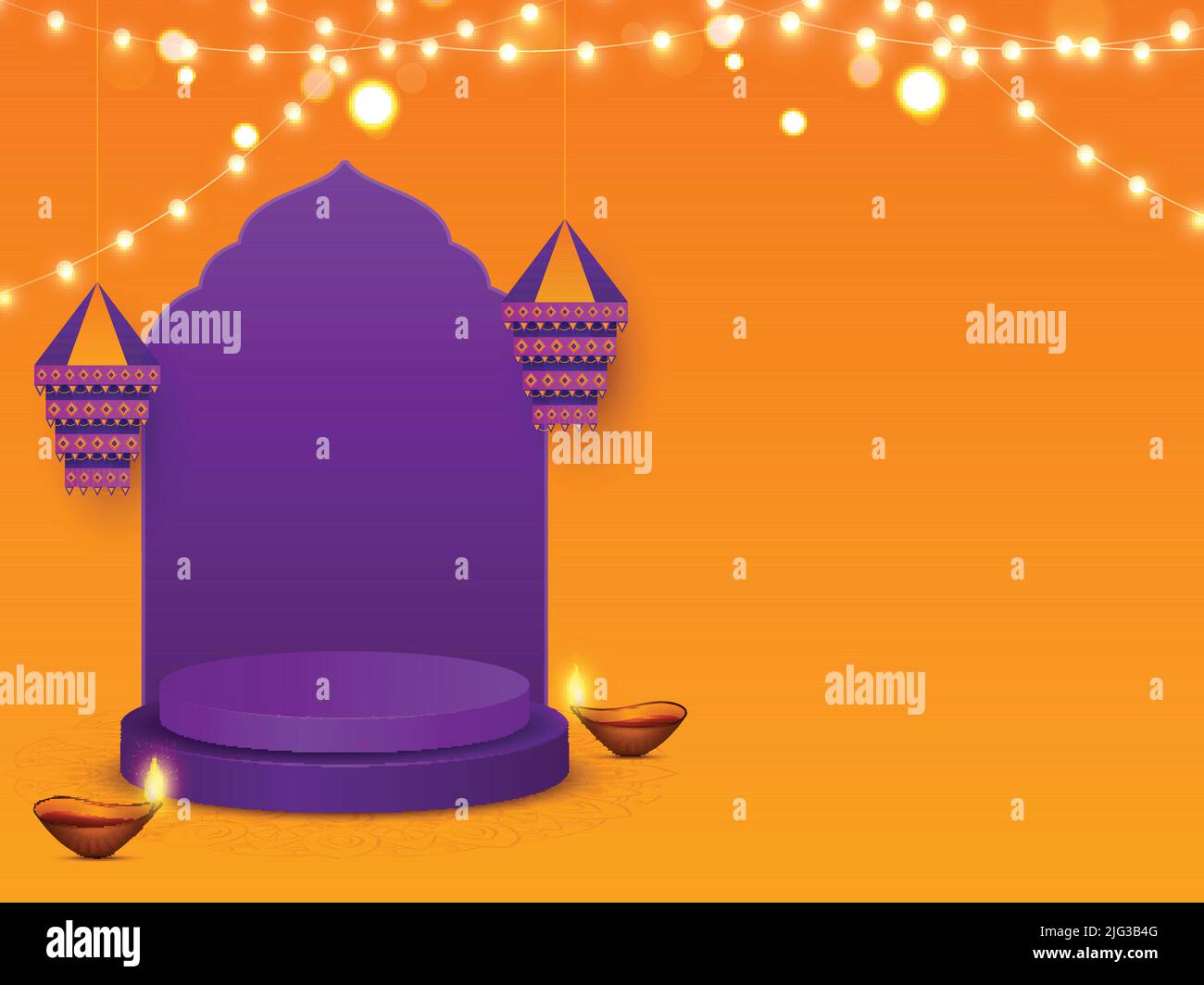 Lit Oil Lamps (Diya) With Hanging Lanterns (Kandeel), Lighting Garland, Empty Podium On Purple And Chrome Yellow Background. Stock Vector