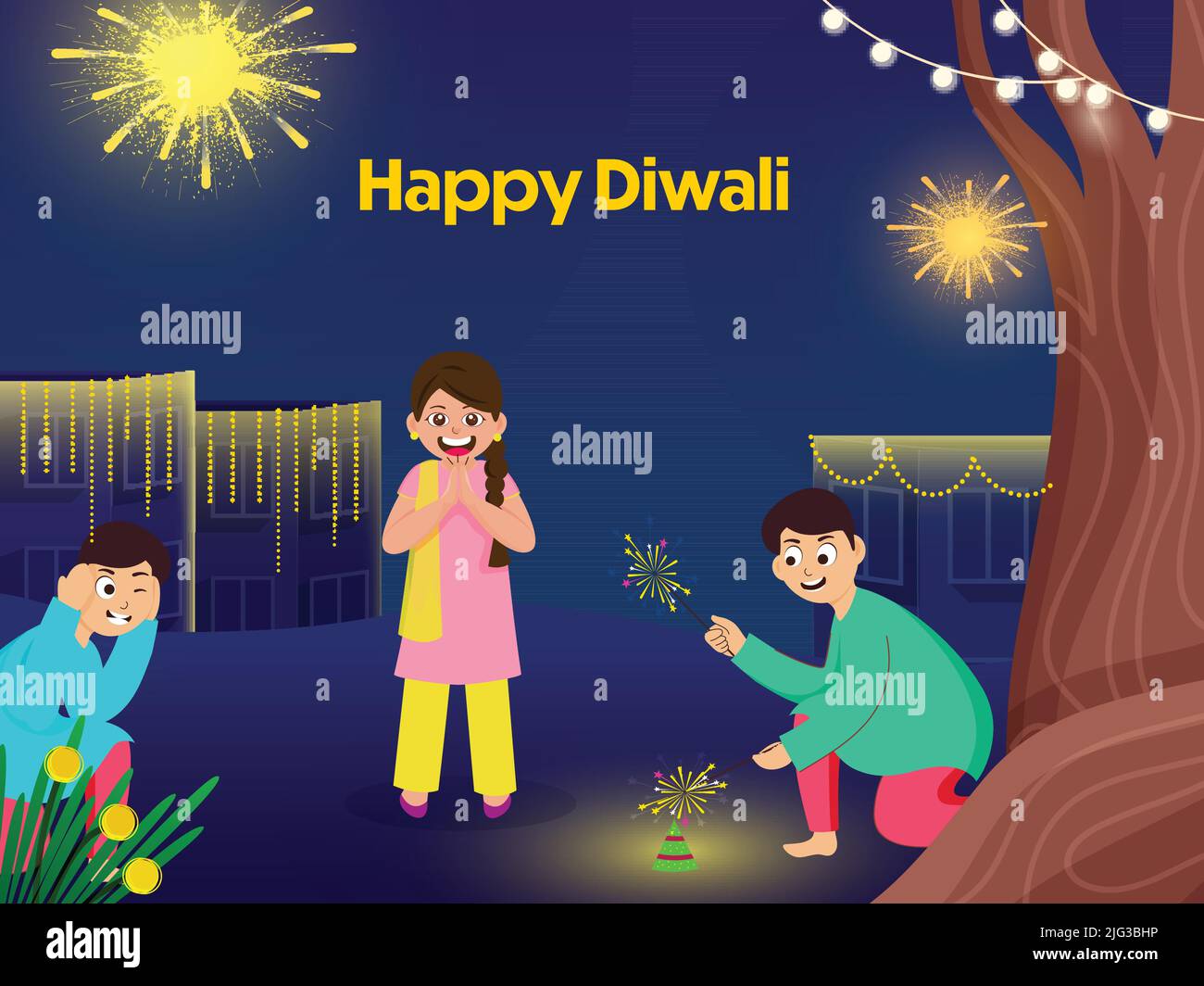 Indian Kids Enjoying With Firecrackers On Blue Buildings Background For Diwali Celebration Concept. Stock Vector