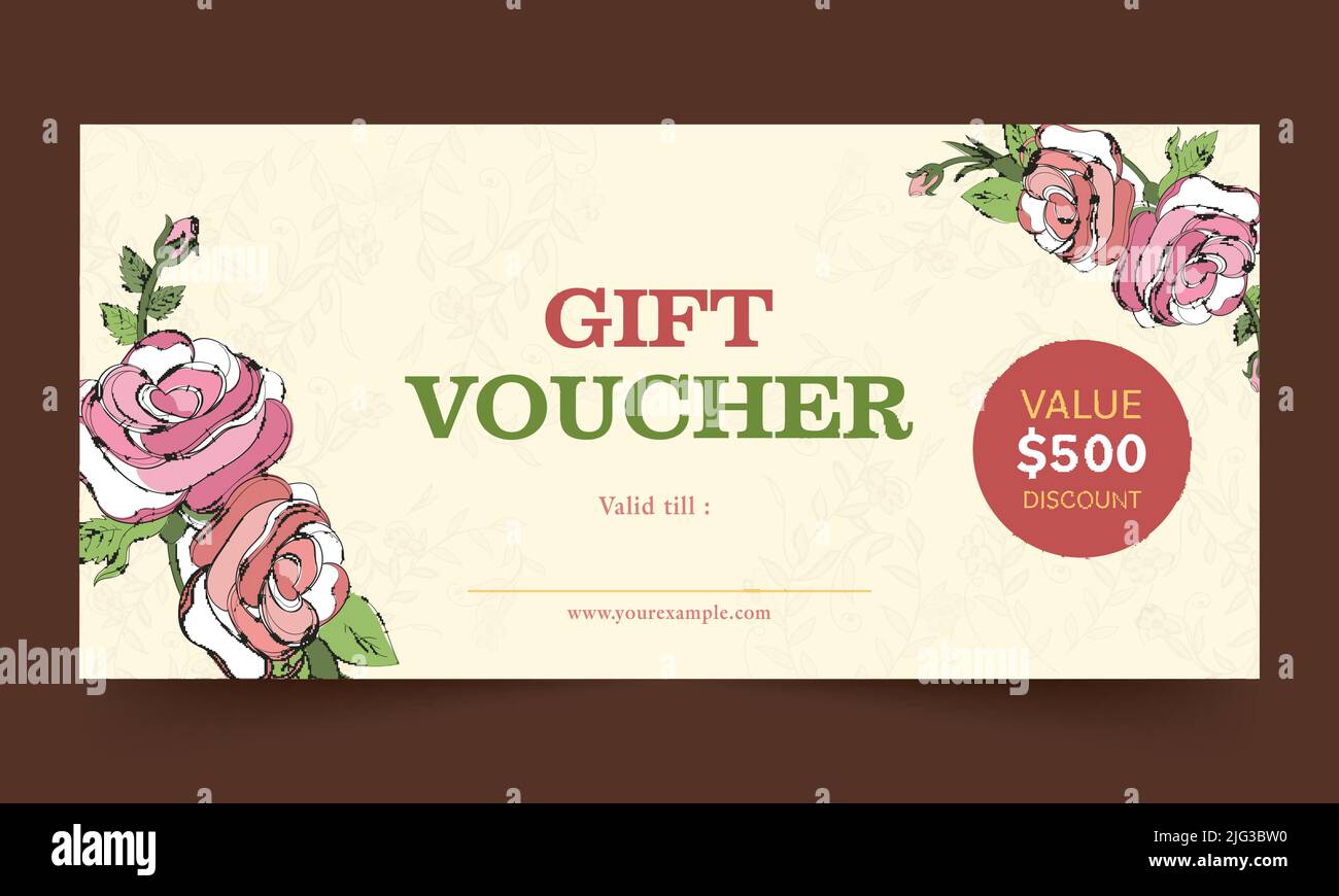 Gift Voucher Or Coupon Horizontal Template Layout With Rose Flowers In