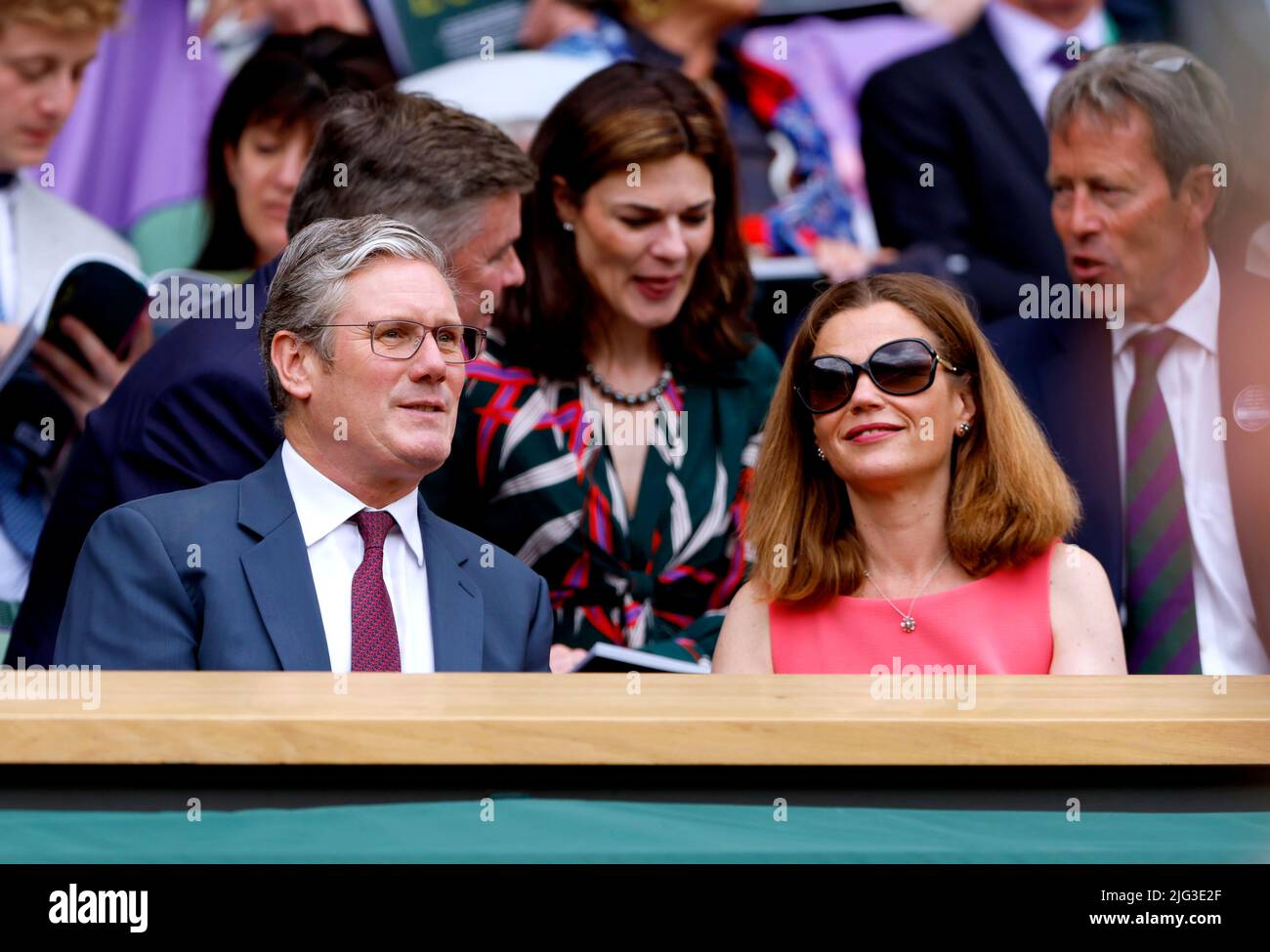 Labour leader, Sir Keir Starmer and his wife Victoria, in the Royal Box on centre court on day eleven of the 2022 Wimbledon Championships at the All England Lawn Tennis and Croquet Club, Wimbledon. Picture date: Thursday July 7, 2022. Stock Photo