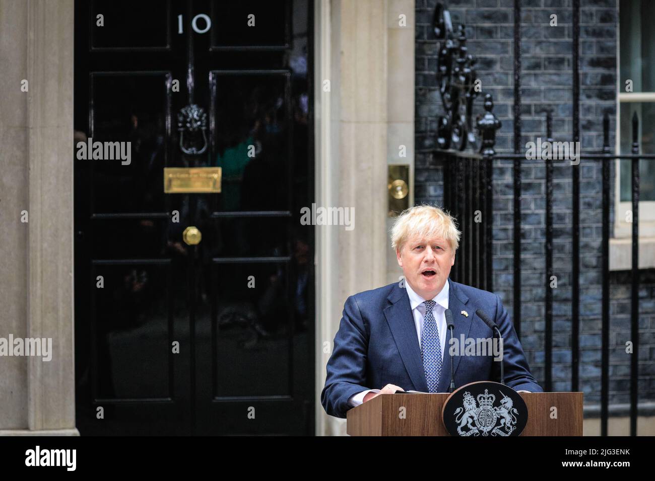 London, UK. 07th July, 2022. British Prime Minister Boris Johnson resigns with a speech outside 10 Downing Street in Westminster, London, UK Credit: Imageplotter/Alamy Live News Stock Photo