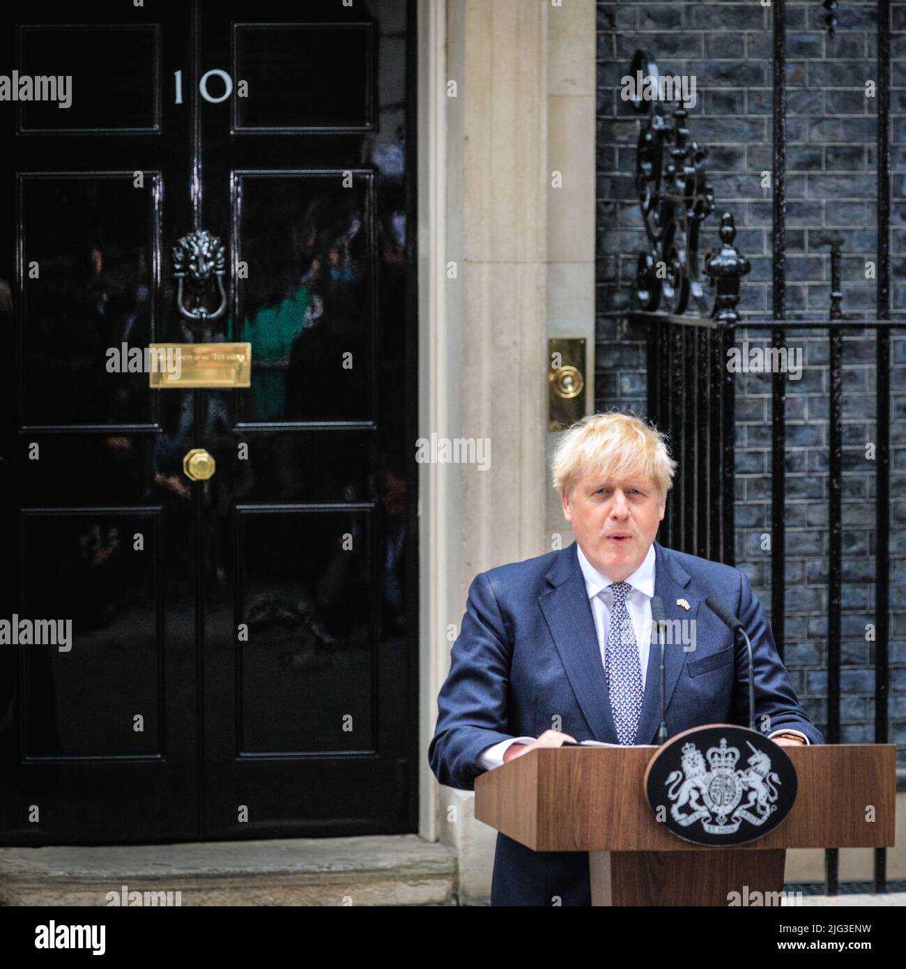 London, UK. 07th July, 2022. British Prime Minister Boris Johnson resigns with a speech outside 10 Downing Street in Westminster, London, UK Credit: Imageplotter/Alamy Live News Stock Photo