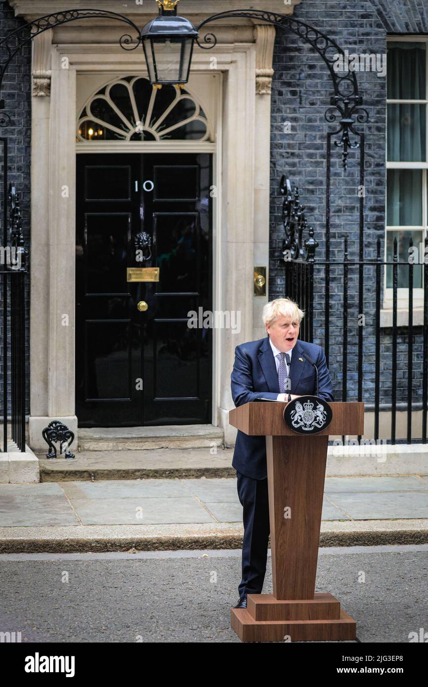 London, UK. 07th July, 2022. British Prime Minister Boris Johnson resigns with a speech outside 10 Downing Street in Westminster, London, UK Credit: Imageplotter/Alamy Live News Stock Photo