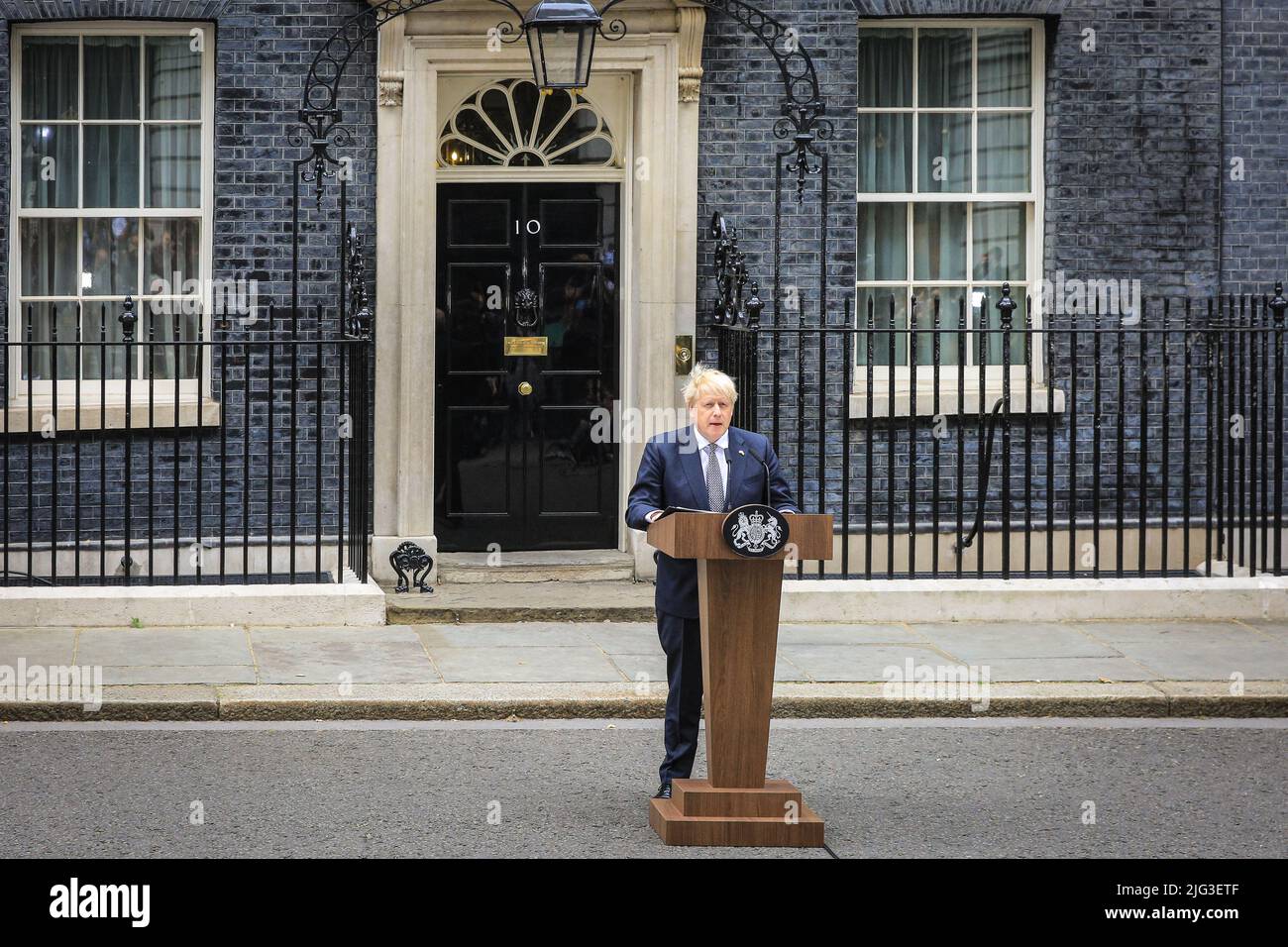 London, UK. 07th July, 2022. British Prime Minister Boris Johnson resigns with a speech outside 10 Downing Street in Westminster, London, UK Credit: Imageplotter/Alamy Live News Stock Photo