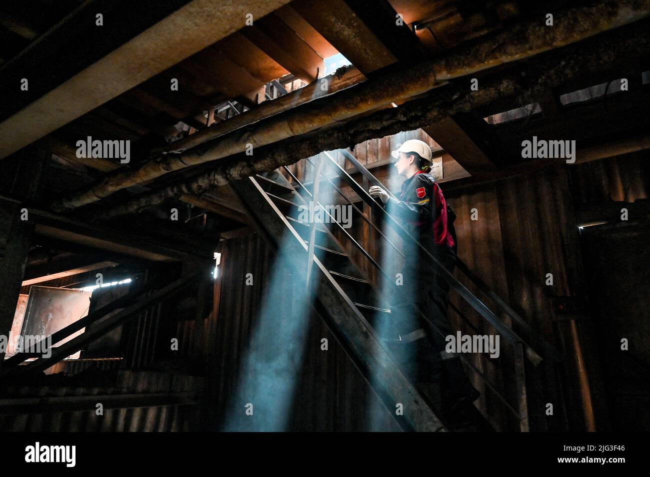 ZAPORIZHZHIA, UKRAINE - JUNE 28, 2022 - A teeming aisle of an open-hearth furnace is pictured at a steelworks in Zaporizhzhia, southeastern Ukraine. T Stock Photo