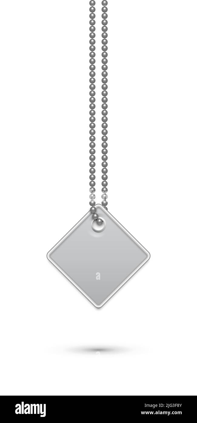 Empty rhombus silver military or dogs badge hanging on steel chain. Vector army object isolated on white. Pendant with blank space for identification, Stock Vector