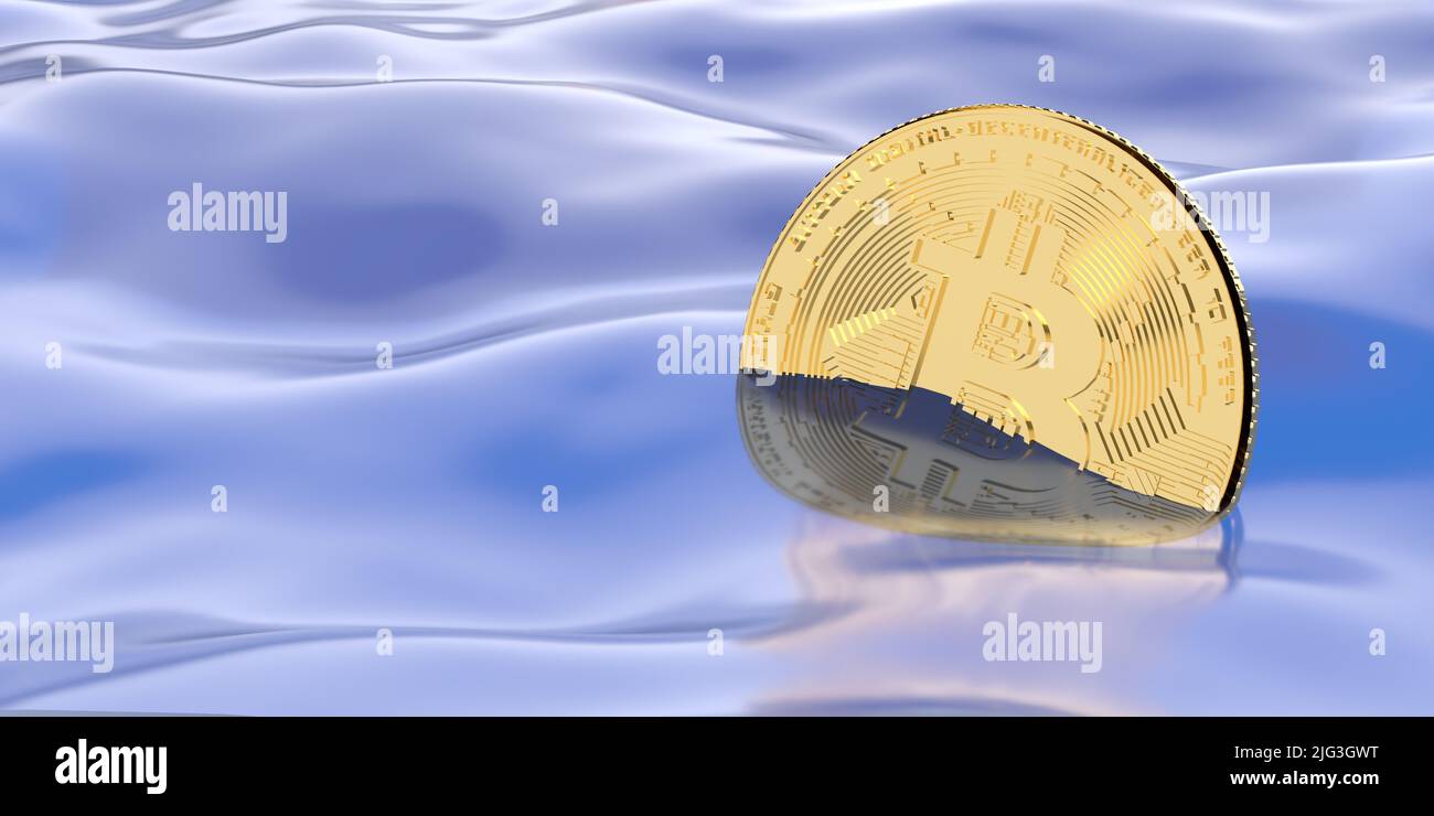 Bitcoin cryptocurrency sinking in debt water. 3D rendered background with copy space. Global recession bankruptcy concept. Financial and economy crise Stock Photo