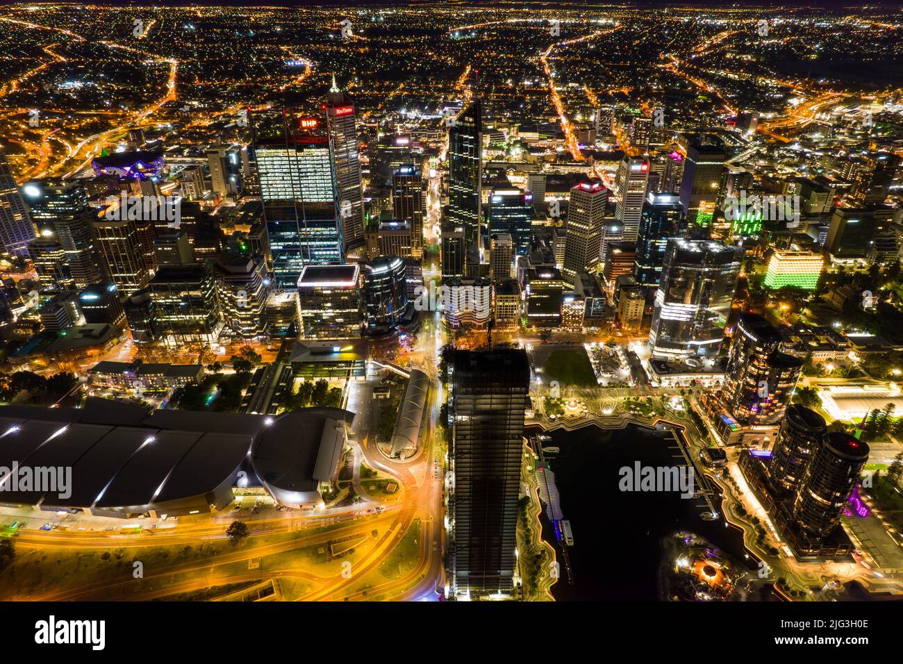 Aerial long exposure of Perth city at night including the freeway traffic Stock Photo