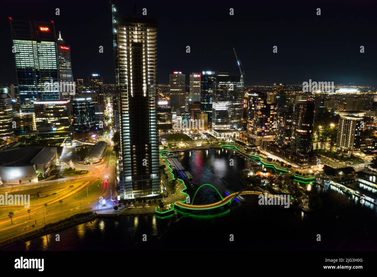 Aerial long exposure of Perth city at night including the freeway traffic and river Stock Photo
