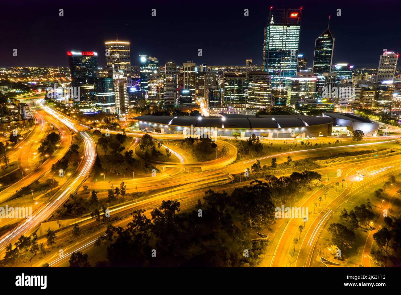 Aerial long exposure of Perth city at night including the freeway traffic Stock Photo Alamy
