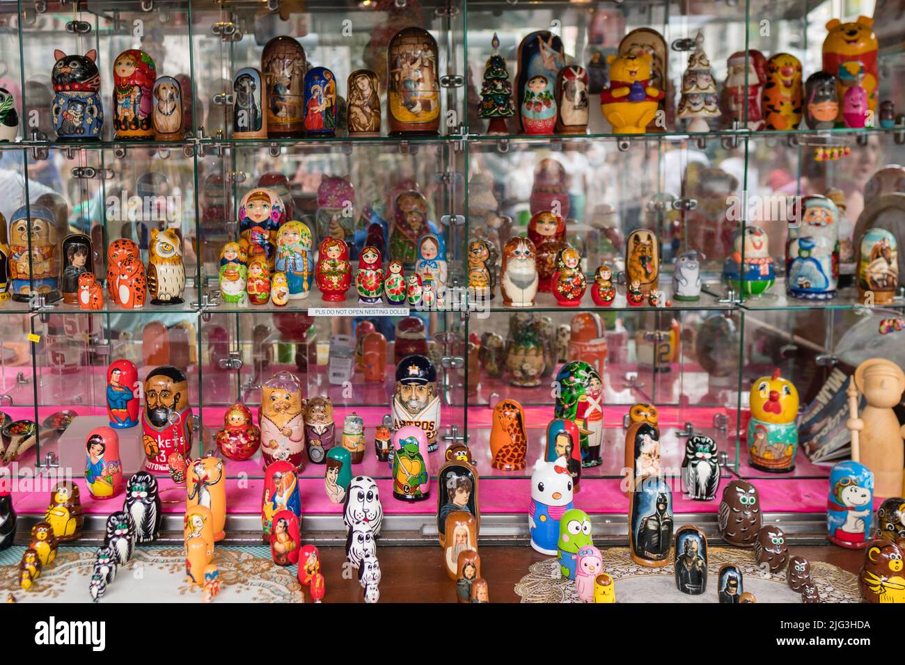 Boston, MA, US-June 11, 2022: Close-up of display of Russian nesting dolls at the busy Faneuil Hall-Quincy Market tourist destination. Stock Photo