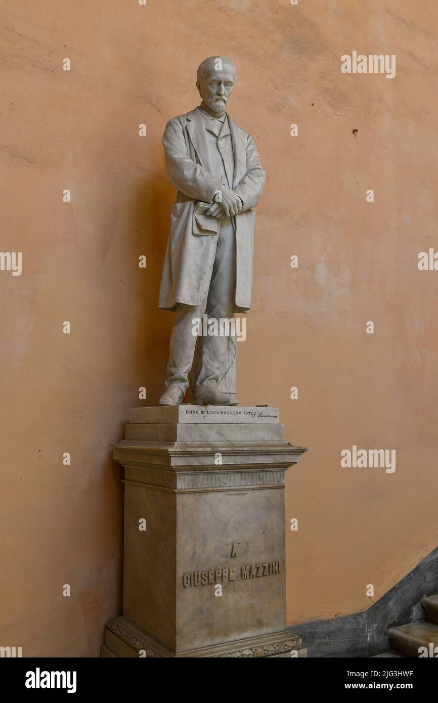 Marble statue of Giuseppe Mazzini (1805-1872), politician and patriot, inside Palazzo Doria Tursi, seat of the town hall of Genoa, Liguria, Italy Stock Photo