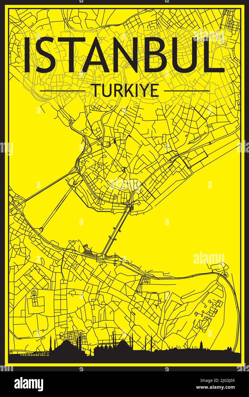 Golden printout city poster with panoramic skyline and hand-drawn streets network on yellow and black background of the downtown ISTANBUL, TURKIYE Stock Vector