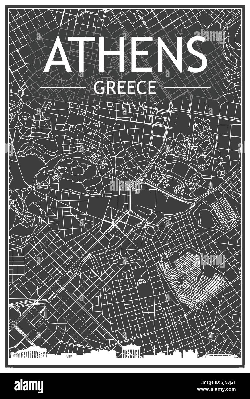 Dark printout city poster with panoramic skyline and hand-drawn streets network on dark gray background of the downtown ATHENS, GREECE Stock Vector