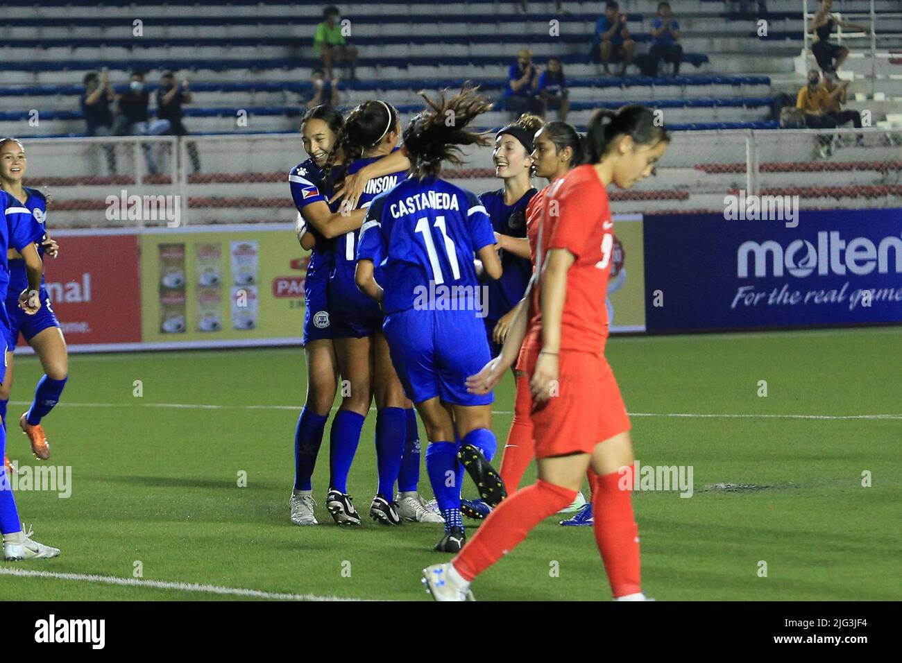 The Filipinas celebrate after Kaya Tanada Hawkinson (12, Blue) scored a header to earn the Philippines it's sixth point of the match. (Photo by Dennis Jerome Acosta/Pacific Press) Stock Photo